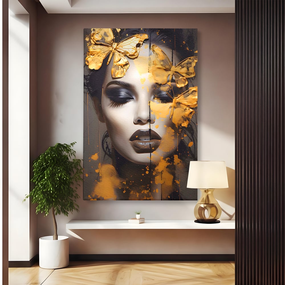 Tablou canvas cu tablou canvas cu portret de femeie si fluturi, fara rama, pe sasiu de lemn